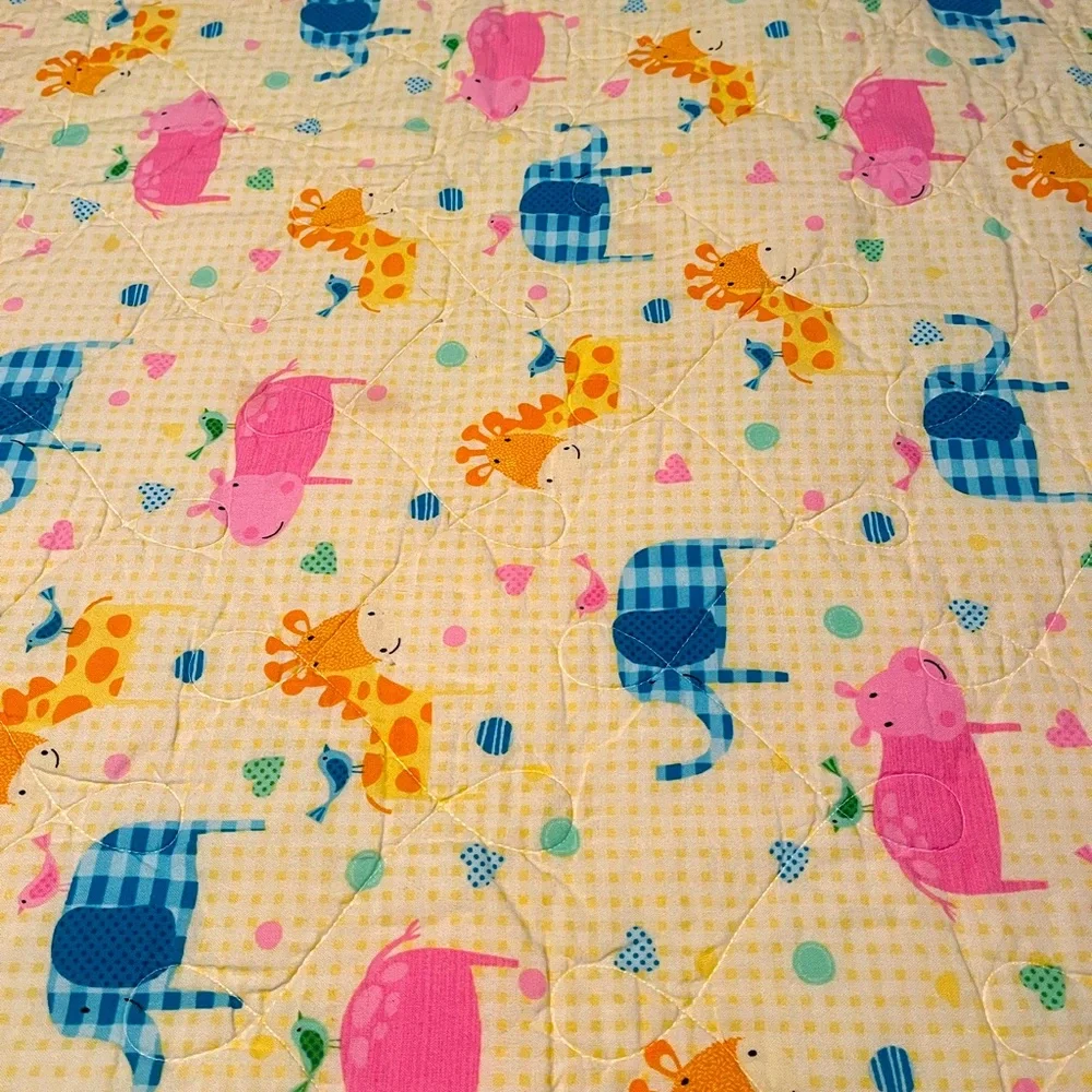 Baby/Child Quilt Safari Theme Orange Yellow Elephants Giraffes Pigs Birds 36x48
